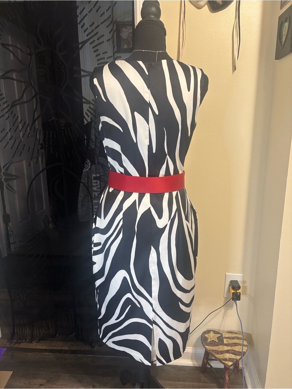 Alyx Black and White Zebra-Print Midi Dress with Red Waist Cinch